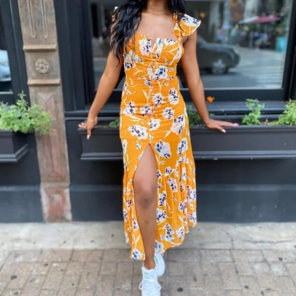 Bleuh Ciel Bright Orange Floral Semi-Sheer Maxi Dress